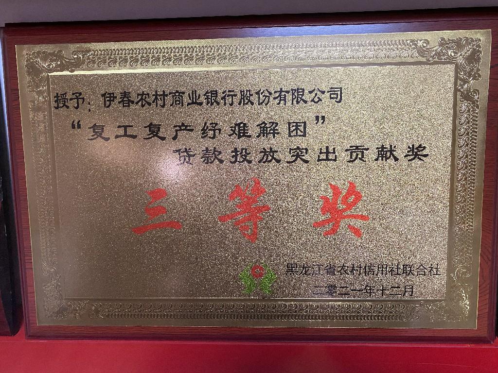 2021年伊春农商银行荣获“复工复产纾难解困贷款投放突出贡献奖”三等奖